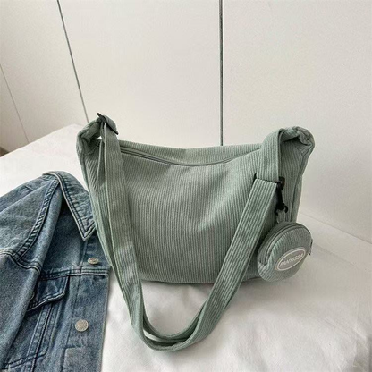 Bolsa Feminina Transversal de Veludo Cotelê Casual Grande Ombro Tiracolo Escolar Universitária com Porta Moedas