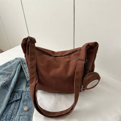 Bolsa Feminina Transversal de Veludo Cotelê Casual Grande Ombro Tiracolo Escolar Universitária com Porta Moedas