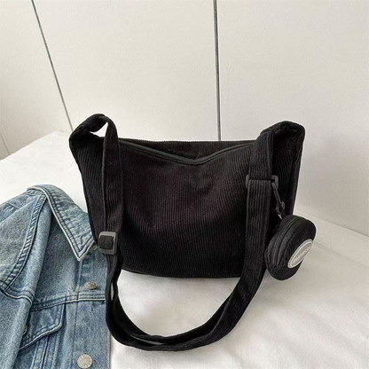 Bolsa Feminina Transversal de Veludo Cotelê Casual Grande Ombro Tiracolo Escolar Universitária com Porta Moedas