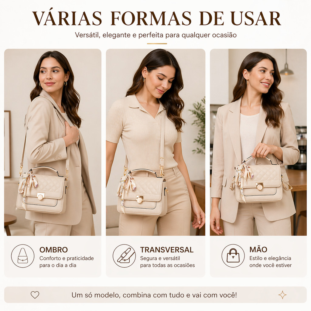 Bolsa Feminina Baú Transversal Média com Lenço Alça Tiracolo Estruturada e Espaçosa