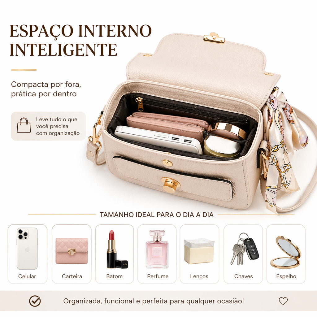 Bolsa Feminina Baú Transversal Média com Lenço Alça Tiracolo Estruturada e Espaçosa