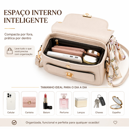 Bolsa Feminina Baú Transversal Média com Lenço Alça Tiracolo Estruturada e Espaçosa
