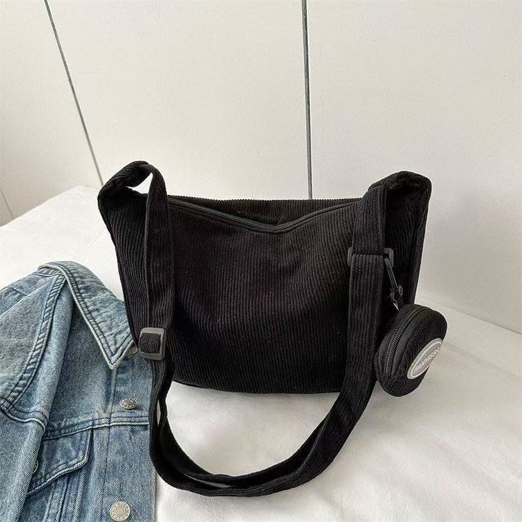 Bolsa Feminina Transversal de Veludo Cotelê Casual Grande Ombro Tiracolo Escolar Universitária com Porta Moedas