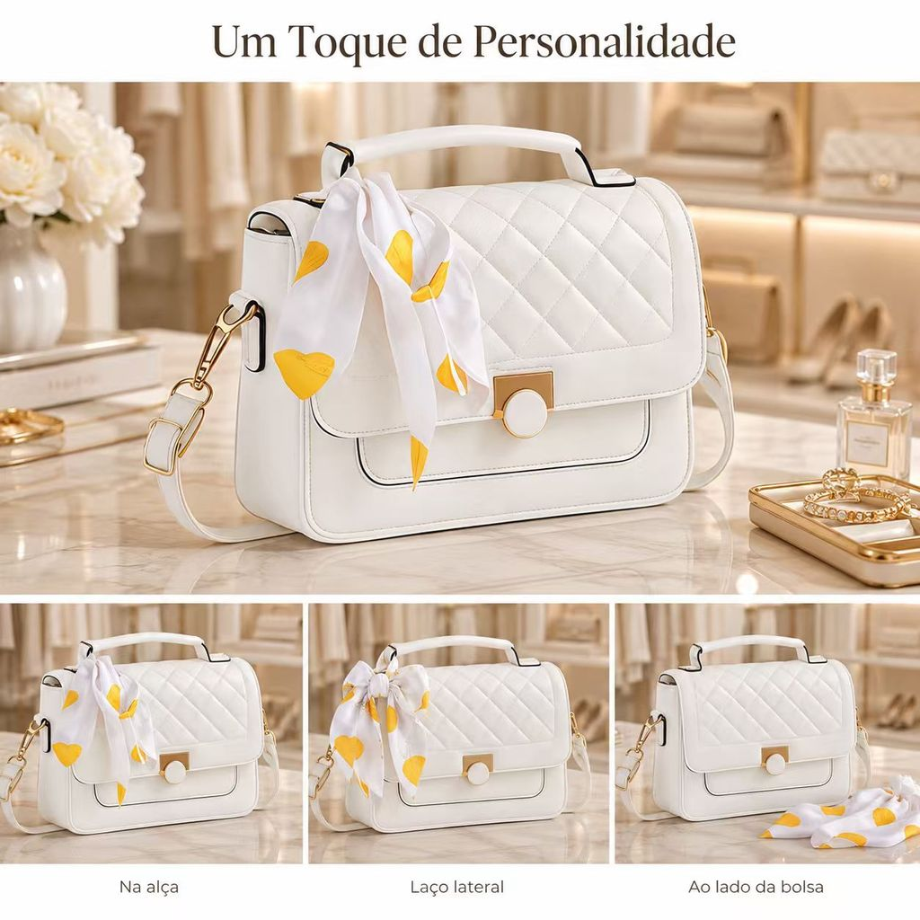Bolsa Feminina Baú Transversal Média com Lenço Alça Tiracolo Estruturada e Espaçosa