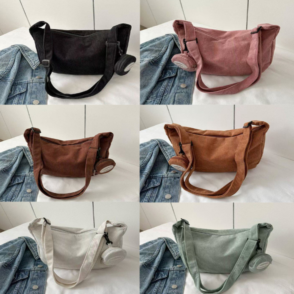 Bolsa Feminina Transversal de Veludo Cotelê Casual Grande Ombro Tiracolo Escolar Universitária com Porta Moedas