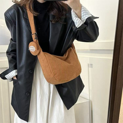 Bolsa Feminina Transversal de Veludo Cotelê Casual Grande Ombro Tiracolo Escolar Universitária com Porta Moedas
