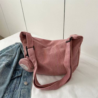 Bolsa Feminina Transversal de Veludo Cotelê Casual Grande Ombro Tiracolo Escolar Universitária com Porta Moedas