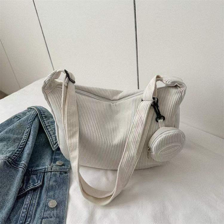 Bolsa Feminina Transversal de Veludo Cotelê Casual Grande Ombro Tiracolo Escolar Universitária com Porta Moedas