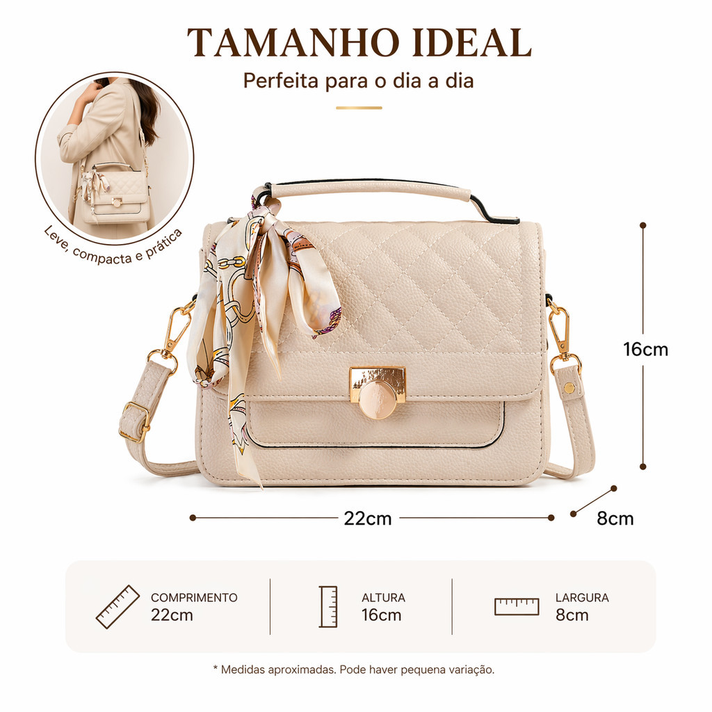 Bolsa Feminina Baú Transversal Média com Lenço Alça Tiracolo Estruturada e Espaçosa